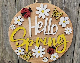 Hello Spring Ladybugs and Butterflies Wooden Door Hanging Sign, Spring Decor, Porch Sign, Round Outdoor Welcome