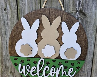 Easter Wooden Door Hanging Sign, Spring Decor, Porch Sign, Round Outdoor Welcome, Neutral Bunnies Spring Decoration
