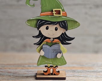 Halloween Witch with Spell Book Wood Shelf Sitter, Witch Decoration for Desk