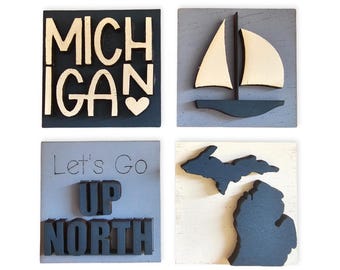 Michigan Mini Tile Set, Interchangeable Holiday Decor, Wood Tile Decoration, Tiered Tray Sign
