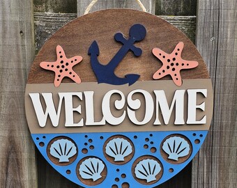 Starfish Welcome Door Sign, Summer Door Sign, Wood Door Hanger, Front Door Decor, Porch Decor, Beach House Sign, Beachy Sign for Summer