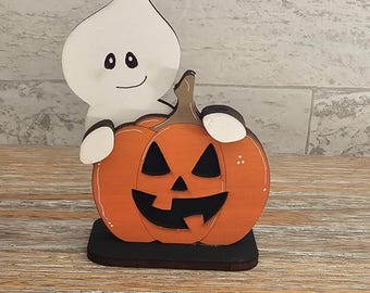 Ghost Peeking Over Pumpkin Wooden Halloween Shelf Sitter
