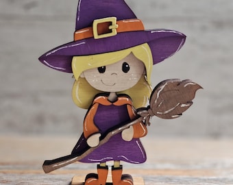 Halloween Witch with Broom Wood Shelf Sitter, Witch Decoration for Desk