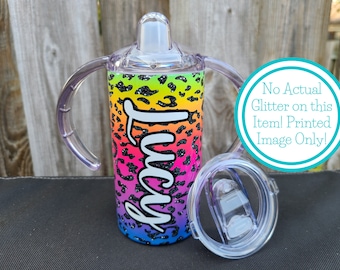 Personalized Sippy Cup with Bonus Lid - Rainbow Leopard Sippy Cup - Baby Girl Gift - Toddler Cup Leopard Print - Faux Glitter Child Tumbler