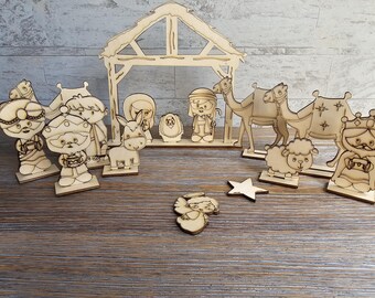 Wood Nativity Set for Kids – DIY Paint or Color Craft Kit - Build-Your-Own Nativity Set – Christmas Coloring Activity