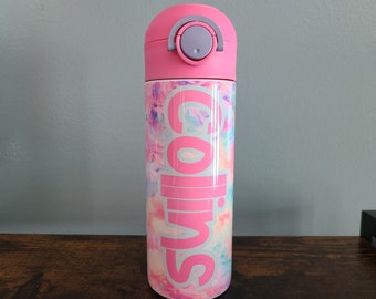 Pink Tie Dye Water Bottle, Kids Name Cup, Water Bottle for Kids, Water Bottle with Straw, Water Bottle for School, Christmas Gift for Kids