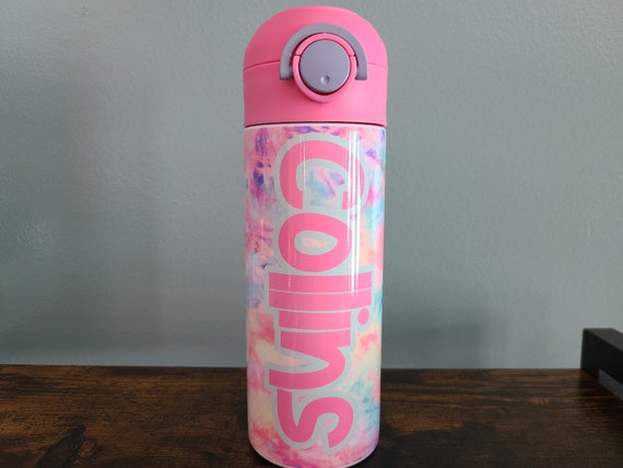 Pink Tie Dye Water Bottle, Kids Name Cup, Water Bottle for Kids, Water Bottle with Straw, Water Bottle for School, Christmas Gift for Kids