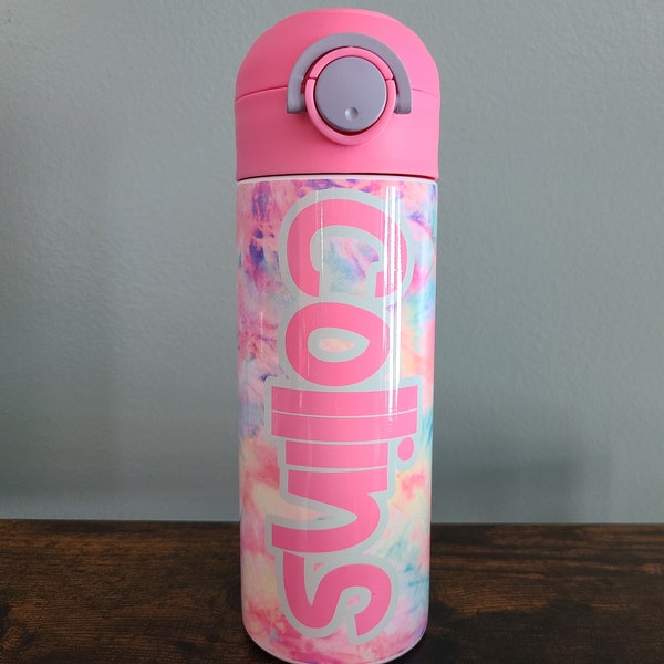Botella de agua Pink Tie Dye, Copa con nombre para niños, Botella de agua para niños, Botella de agua con pajita, Botella de agua para la escuela, Regalo de Navidad para niños