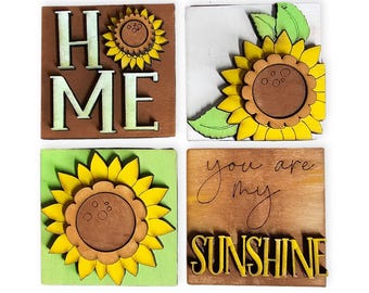 Sunflower Mini Tile Set, Interchangeable Seasonal Decor, Wood Tile Decoration, Tiered Tray Sign