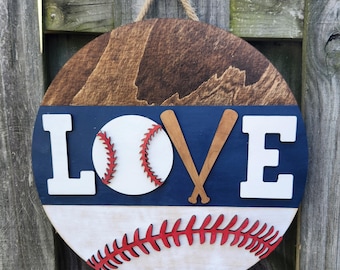 Baseball LOVE Wood Door Sign, Round Door Hanger Baseball Themed, Baseball Mom Gift