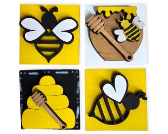 Bee Mini Tile Set, Interchangeable Seasonal Decor, Wood Tile Decoration, Tiered Tray Sign
