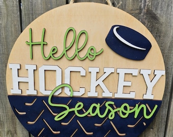 Hello Hockey Season Wood Door Hanger, Door Sign for Hockey Family, Gift for Hockey Coach