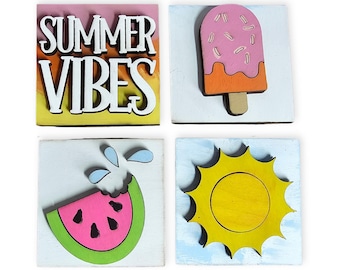 Summer Mini Tile Set, Interchangeable Seasonal Decor, Wood Tile Decoration, Tiered Tray Sign
