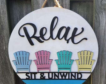 Relax, Sit and Unwind Door Sign, Summer Door Hanger, Watermelon Door Sign, Welcome Sign for Front Door, Round Wood Sign for Summer