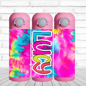 May include: Three pink water bottles with a tie-dye design and the word "FUN" in colorful letters on the middle bottle.