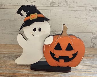 Ghost in Witch Hat with Pumpkin Wooden Halloween Shelf Sitter