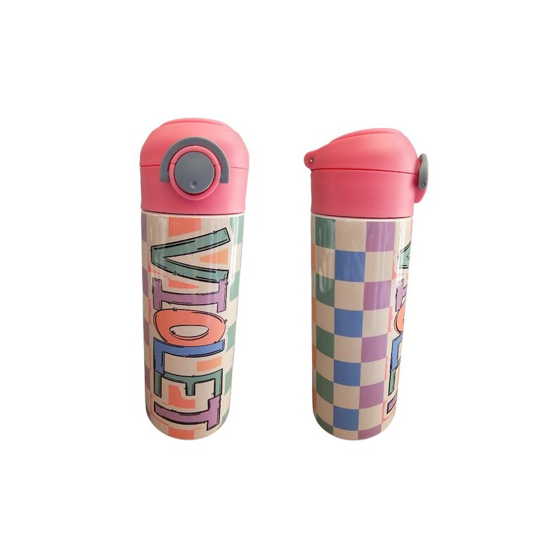 Pastel Checkered Water Bottle, Kid Name Cup, Water Bottle for Kids ...