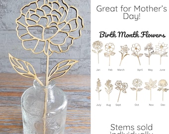 Wood Flowers - Birth Month Flowers (Sold Individually), Mother's Day Wood Flowers, Wood Birth Flower Stems, Mother's Day Gift