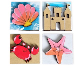 Beach Mini Tile Set, Interchangeable Seasonal Decor, Wood Tile Decoration, Tiered Tray Sign, Beach House Decor
