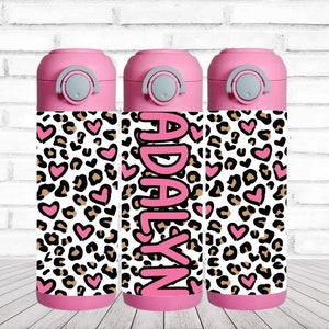 Leopard Print Hearts Water Bottle, Water Bottle for Kids, Water Bottle with Straw, Water Bottle for School, Easter Gift for Kids, Kids Cup