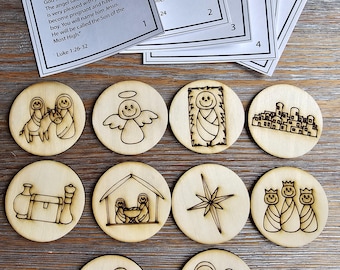 Nativity Story Token Set - Paintable Christmas Activity for Kids - Wood Nativity Tokens with Story Cards - Christian Christmas Craft
