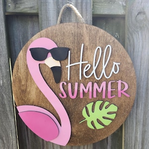 Hello Summer Door Sign, Flamingo Door Hanger, Watermelon Door Sign, Welcome Sign for Front Door, Round Wood Sign for Summer