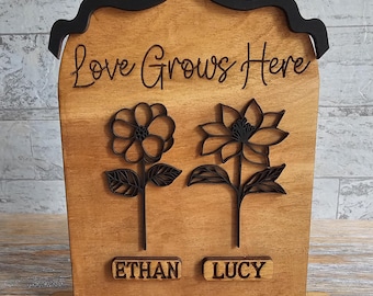 Personalized Birth Flower Sign, Love Grows Here Wood Sign, Custom Mom Gift, Grandma Gift, Mother’s Day Gift, Kids Names Sign