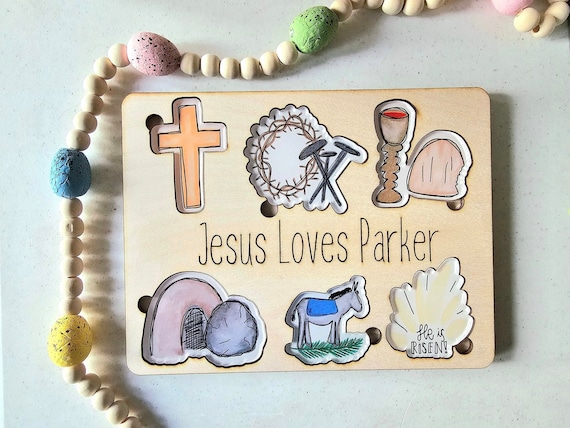 Easter Puzzle for Kids, Personalized Wooden Puzzle for Kids, Religious Puzzle, Gift for Easter Basket, Jesus Loves Me Puzzle, Name Puzzle