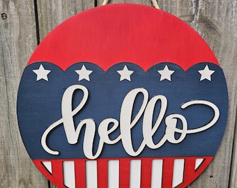 Patriotic Door Sign, Wood Welcome Sign for Home, Hello Sign, Round Door Hanger, Summer Porch Decor