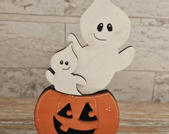 Two Ghosts on Pumpkin Wooden Halloween Shelf Sitter