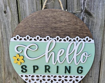 Hello Spring Wooden Door Hanging Sign, Spring Decor, Porch Sign, Round Outdoor Welcome, Green Welcome Sign