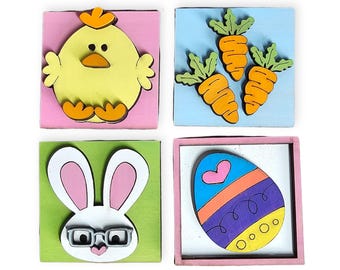 Whimsical Easter Mini Tile Set, Interchangeable Holiday Decor, Wood Tile Decoration, Tiered Tray Sign