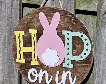 Hop On In, Easter Wooden Door Hanging Sign, Spring Decor, Porch Sign, Round Outdoor Welcome, Pastel Bunnies Spring Decoration