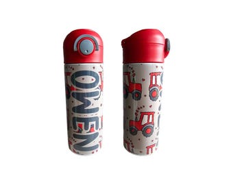 Tractor Hearts Water Bottle, Water Bottle for Kids, Water Bottle with Straw, Water Bottle for School, Easter Gift for Kids