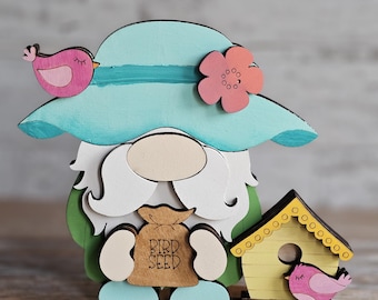 Spring Birdhouse Gnome Decoration, 5-6 Inch Wood Shelf Sitter, Birds Spring Tiered Tray Decor