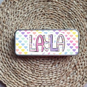 Rainbow Hearts Personalized Tin Pencil Case, Back to School, School Supply, Personalized School Supplies, Pencil Box for Kids