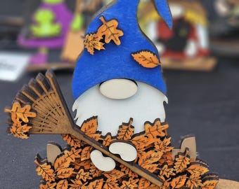 Fall Gnome, Wood Shelf Sitter, Fall Shelf Decor, Gnome Raking Leaves