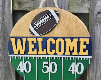 Football Themed Welcome Door Sign, Wood Door Hanger for Football Fans, Football Decor, Team Colors Sign
