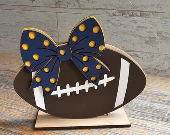 Football with Polka Dot Bow Wood Shelf Sitter, Custom Team Color Football Decor, Football Gift