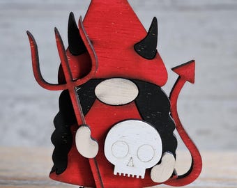 Devil Gnome, Halloween Tiered Tray, Wood Shelf Sitter, Cute Halloween Treat