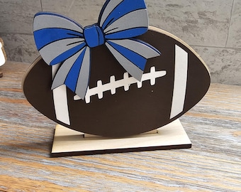 Football with Striped Bow Wood Shelf Sitter, Custom Team Color Football Decor, Football Gift