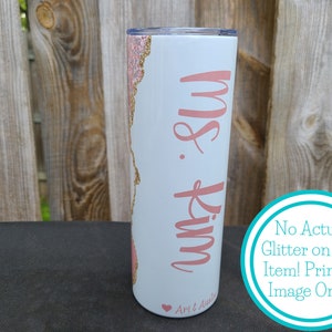 Personalized Skinny Tumbler, Pink and Gold Marble Faux Glitter Print Cup, 20 oz Skinny Tumbler, Personalized Christmas Gift for Teacher