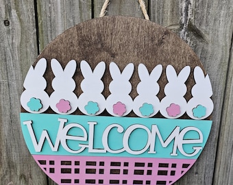 Welcome Bunny Tails Door Hanging Sign, Spring Decor, Porch Sign, Round Outdoor Welcome, Happy Easter Spring Decoration