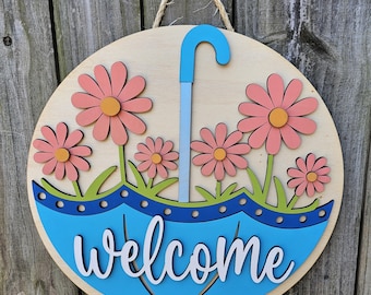Welcome Spring Daisies Wooden Door Hanging Sign, Spring Decor, Porch Sign, Round Outdoor Welcome