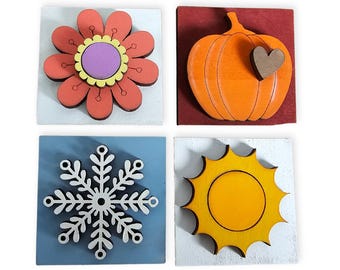 Four Seasons Mini Tile Set, Interchangeable Holiday Decor, Wood Tile Decoration, Tiered Tray Sign
