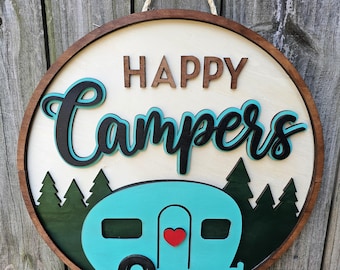 Happy Camper Wood Sign, Camping Door Sign, Wood Door Hanger, Camper Decor, Gift for Campers, Campsite Decor
