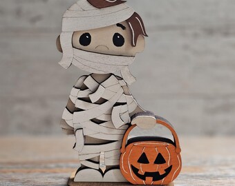 Mummy with Pumpkin Bucket Wood Halloween Shelf Sitter, Mummy Desk Decoration