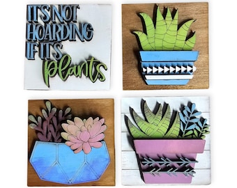 Succulent Mini Tile Set, Interchangeable Seasonal Decor, Wood Tile Decoration, Tiered Tray Sign, Gift for Plant Lover