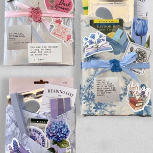 May include: Three wrapped gifts with decorative stickers and ribbons. The gifts are adorned with floral and book-themed stickers, tea bags, and quotes. Each gift is wrapped in different patterned paper and tied with a ribbon and wax seal.