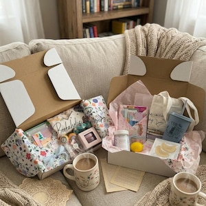 Puede incluir: Dos cajas de suscripci&oacute;n abiertas llenas de regalos, que incluyen una bolsa con estampado floral, una taza con dise&ntilde;o floral y una bolsa de mano. Las cajas est&aacute;n sobre un sof&aacute; beige con una manta de punto y una estanter&iacute;a al fondo.